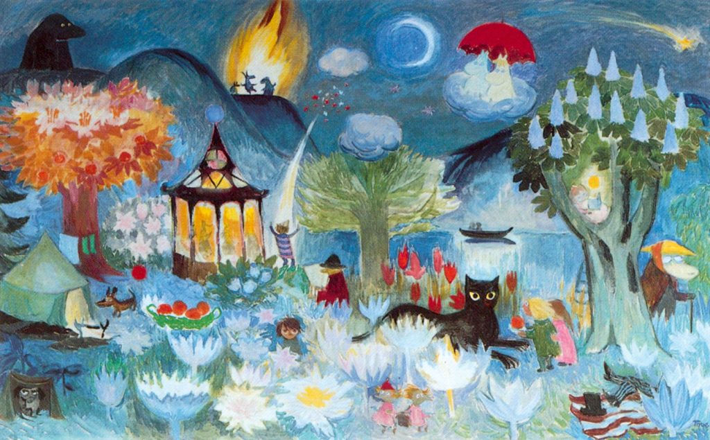 Painted mural of a night time scene with fires and animal characters.