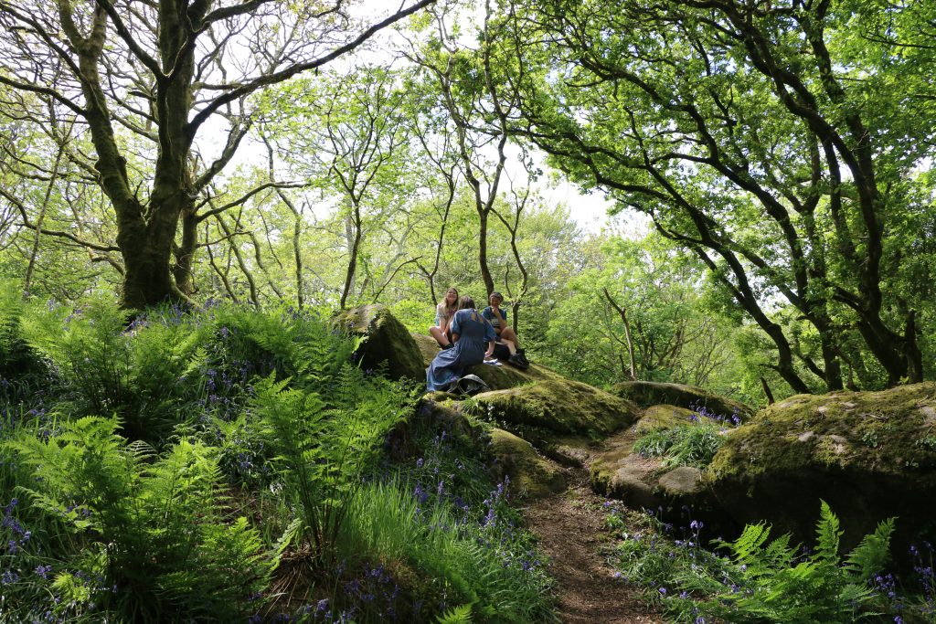 In shade, but on a sunny day, a group of three women - ranging in ages - sit on the top of a hill of large boulders in a wooded area. A young girl is smiling at the camera.