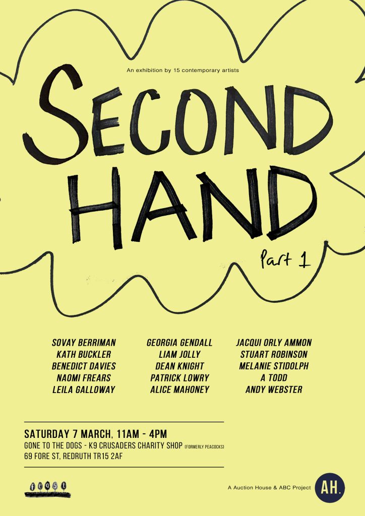 Hand written poster - black text on yellow background, title 'Second Hand' with details of exhibition.