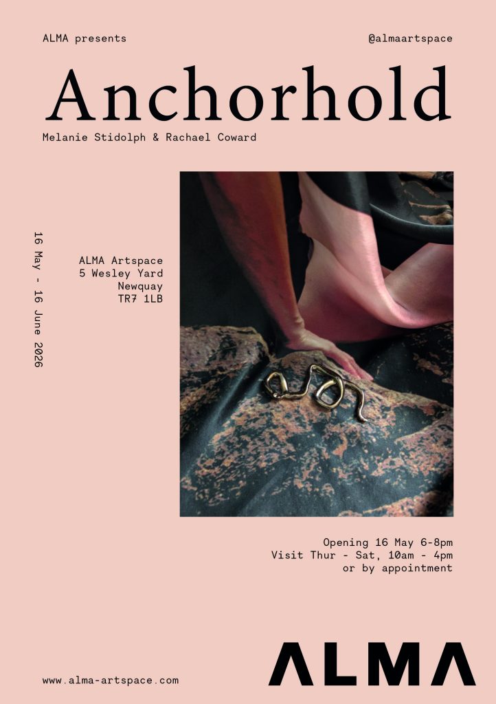 Poster for 'Anchorhold' exhibition. Text and photograph - showing details of a woman's body - hand and leg - printed onto cloth and with a ceramic object placed on top.