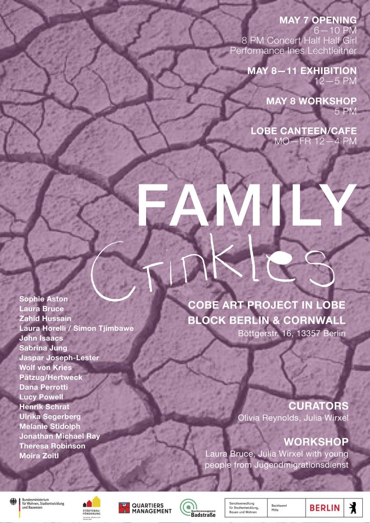Poster with text 'Family Crinkles' over photograph of cracked earth.