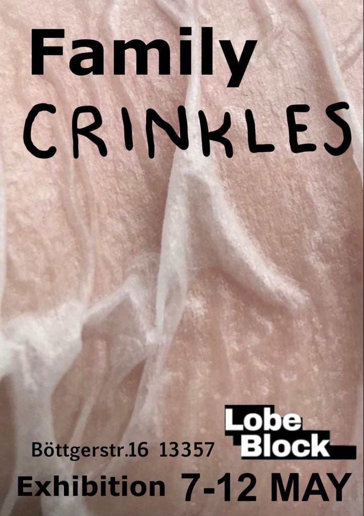 Exhibition poster with background of wet crinkled fabric and text over the top 'Family Crinkles'