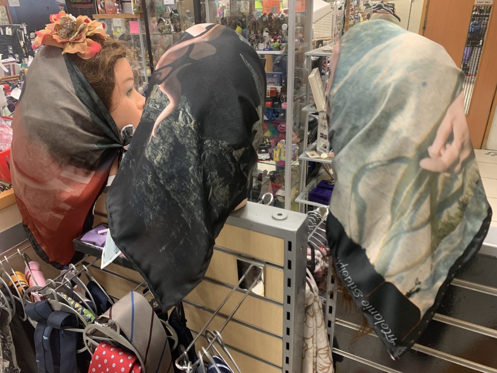 Installation shot, Second Hand Part 1, scarves on charity shop mannequins.
