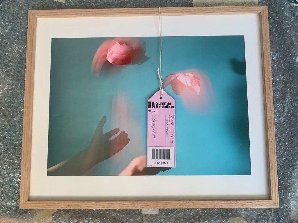 Photograph of a framed photograph of hands throwing paper flowers in the air.
