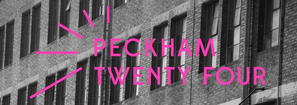 Logo - Black and White photo of industrial building and text in pink 'Peckham 24'.