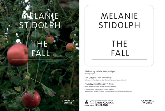 Invite to exhibition featuring a hotograph of red apple falling from a tree